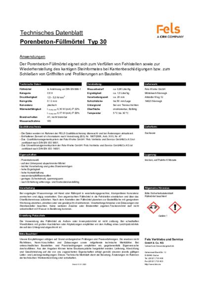 Technisches Datenblatt PORIT Finisher/Füllmörtel